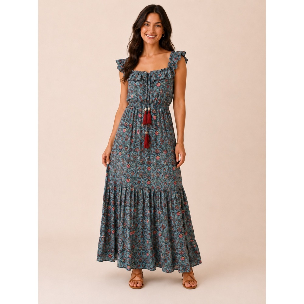 Natural Life Maxi Dress Tiered Womens M Teal Floral Tassel Boho Summer Flowy - Picture 1 of 6